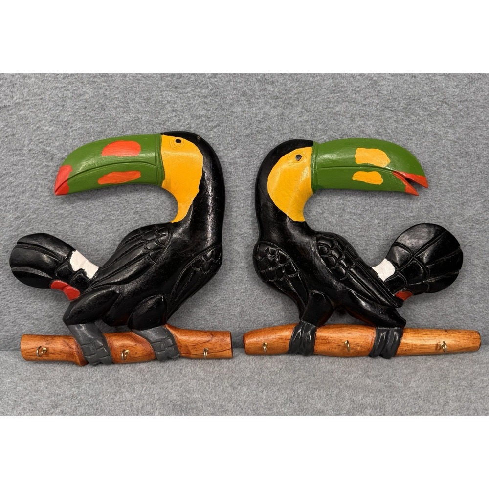 Wall Hook Key Holder Pair Toucan Hand Carved Wood‎ Panama Folk Art 3 Hooks